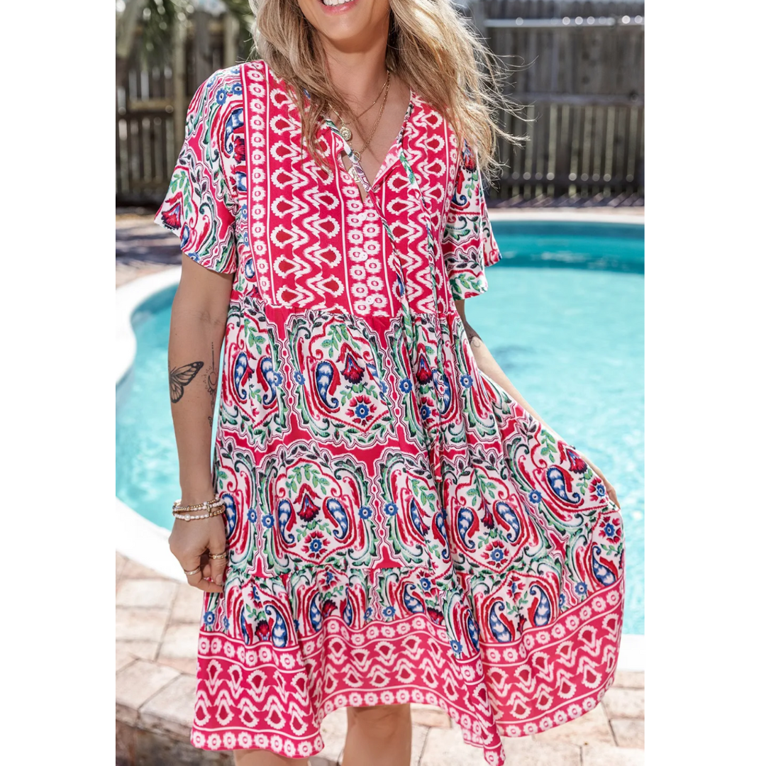 Through It All, Short Sleeve Mix Pattern Dress