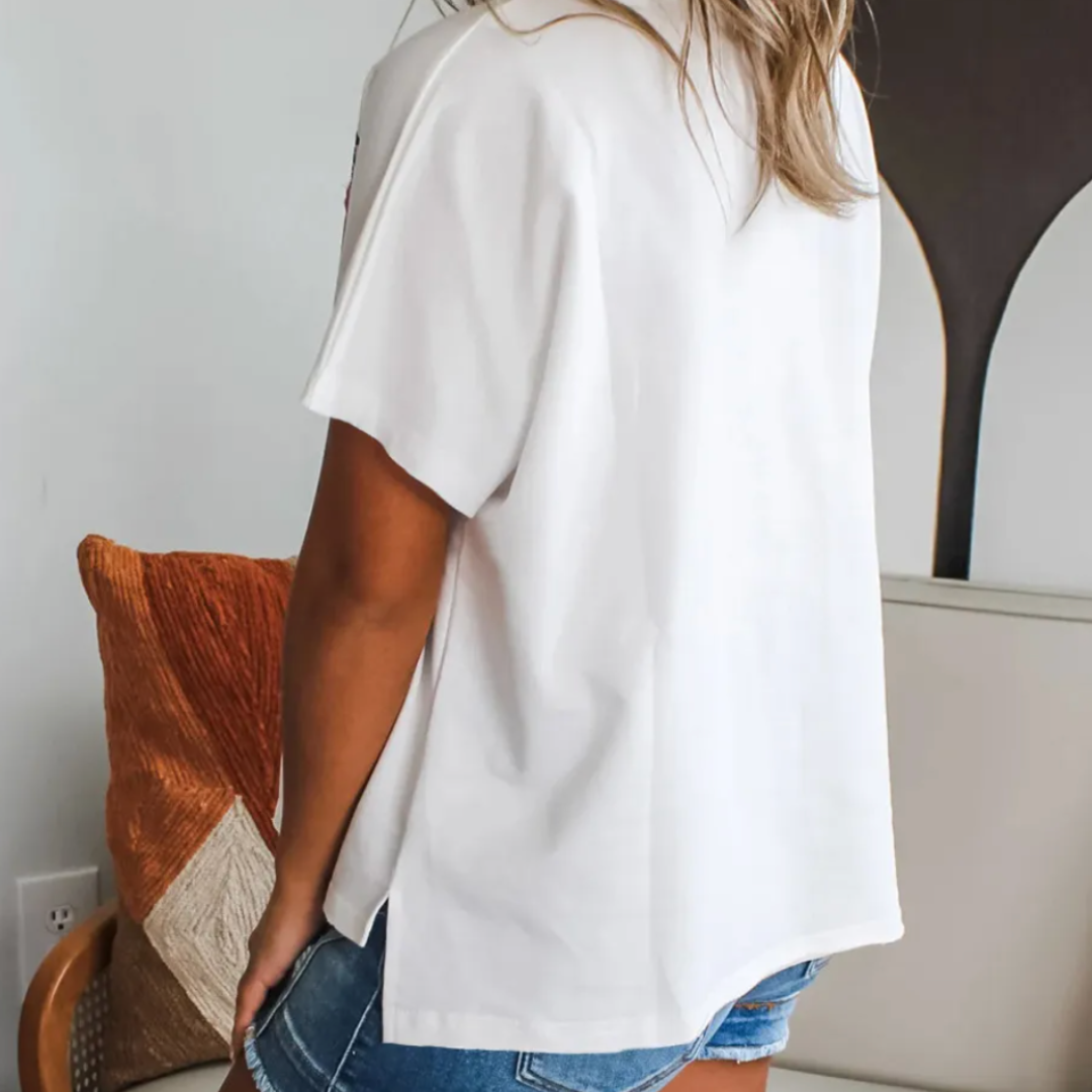 Always Wanted, White Floral Applique Notched V Neck Dolman Sleeve Top