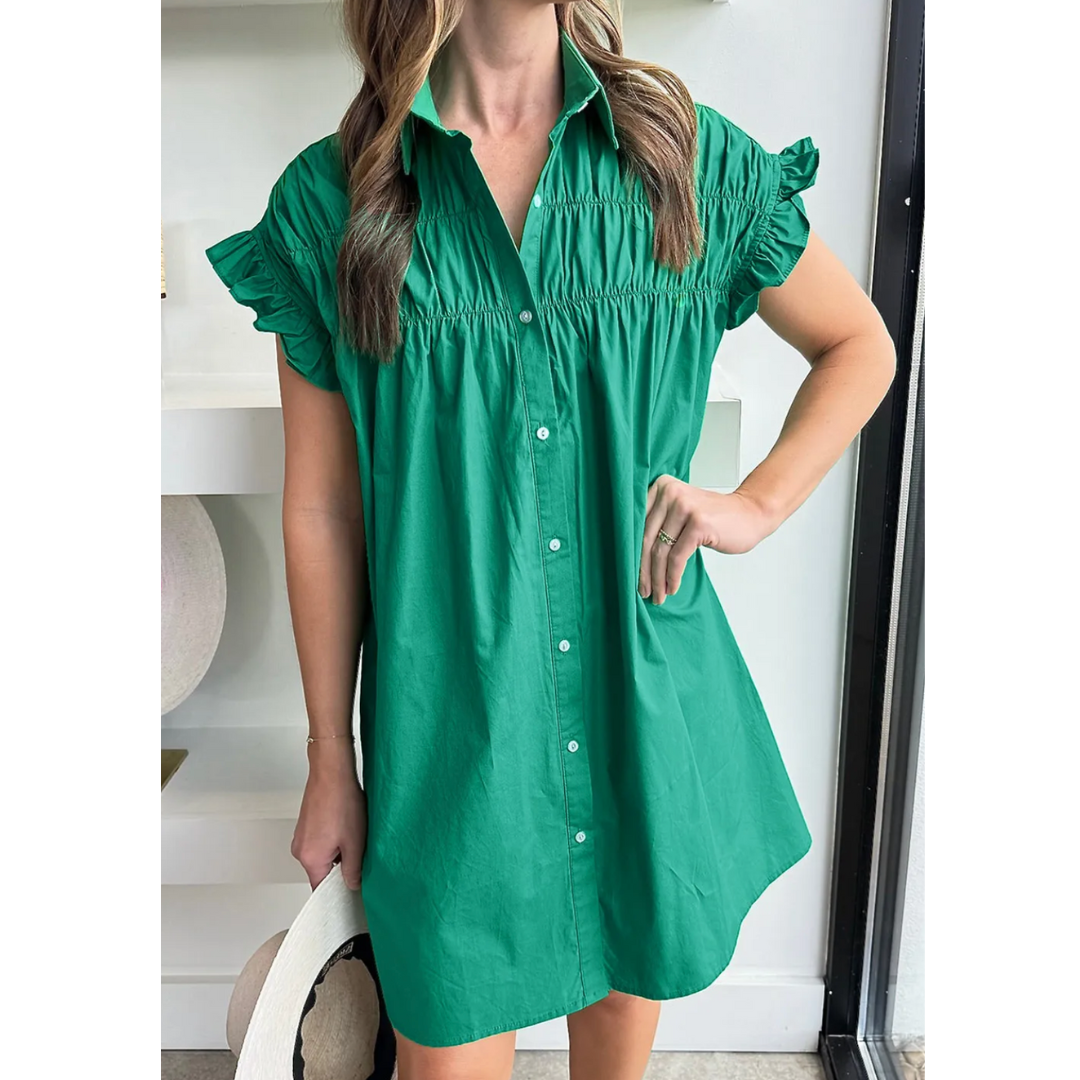 It's All Alright, Short Ruffle Sleeve Button Down Dress