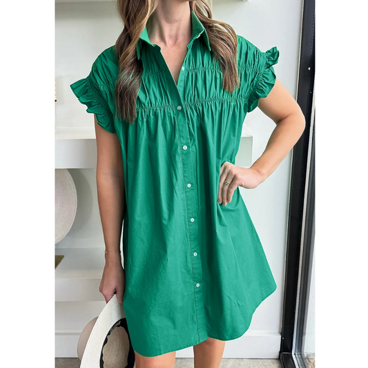 It's All Alright, Short Ruffle Sleeve Button Down Dress