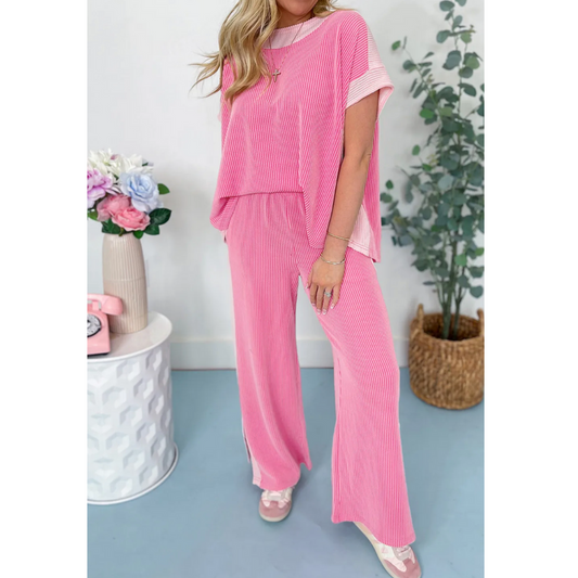 Doesn't Get any Better, Short Sleeve Corded Pant Set with Side Slits