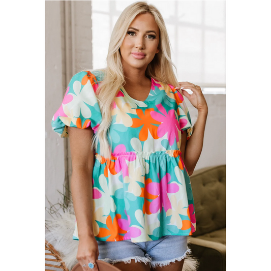 Take The Call, Short Sleeve V Neck Floral Babydoll Top