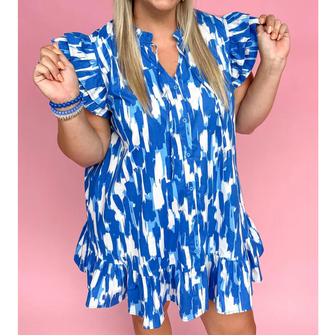 Through The Years, Short Ruffle Sleeve Abstract Print Dress (1X-4X)