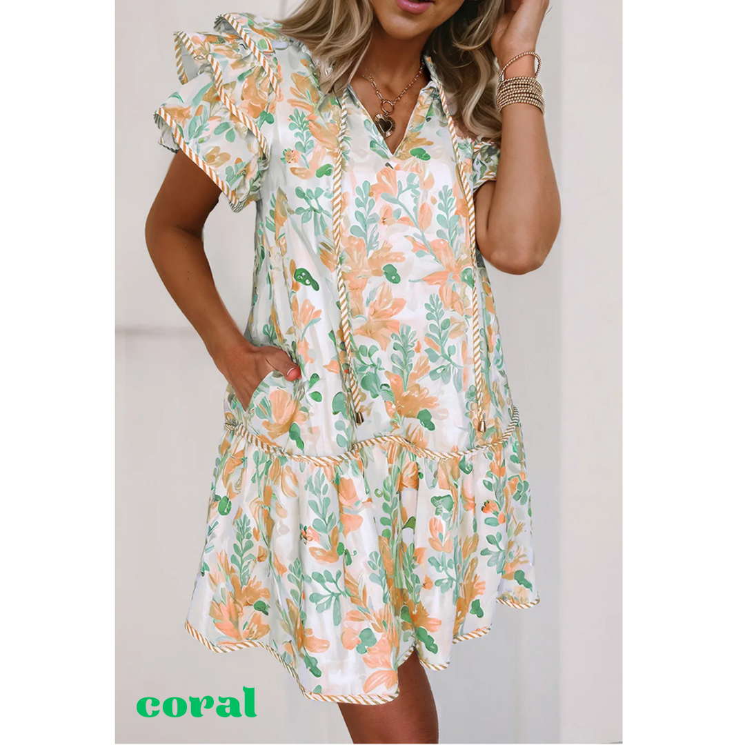 Be The One, Short Ruffle Sleeve V Neck Floral Dress with Pockets