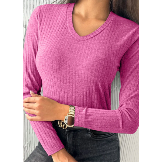Ribbed Luxe V-Neck Long Sleeve Top