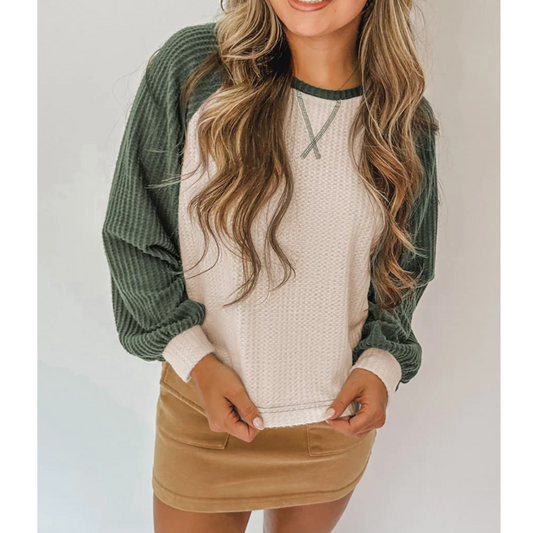 Evergreen Contrast Waffle Top