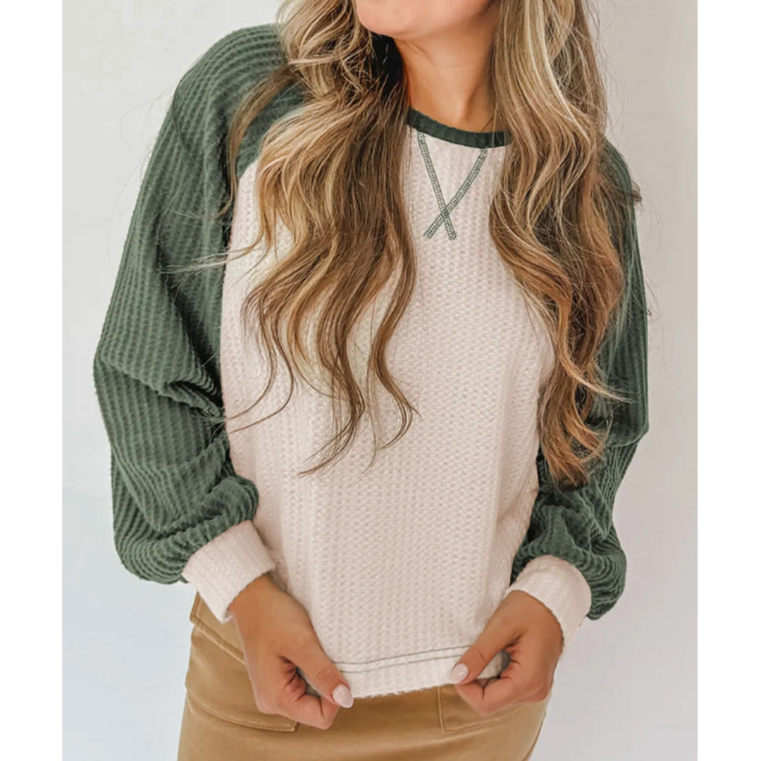 Evergreen Contrast Waffle Top