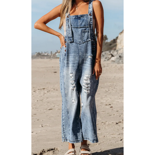 Coastal Cool Distressed Denim Overalls