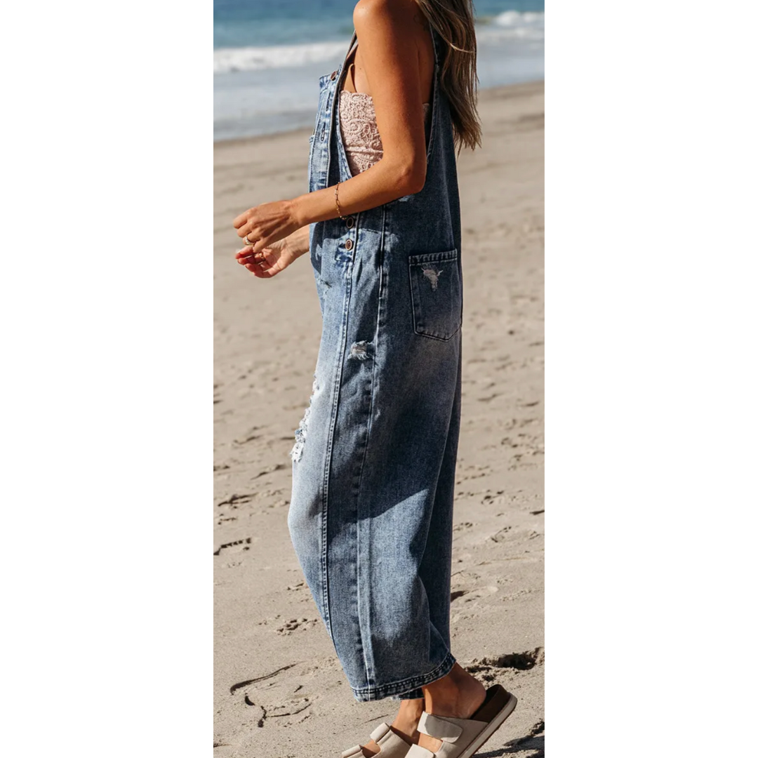 Coastal Cool Distressed Denim Overalls