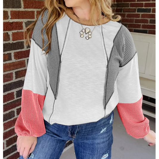 Coral Contrast Patchwork Top