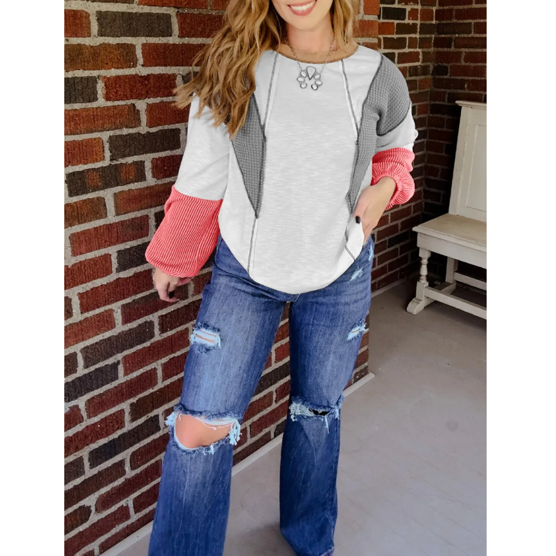 Coral Contrast Patchwork Top