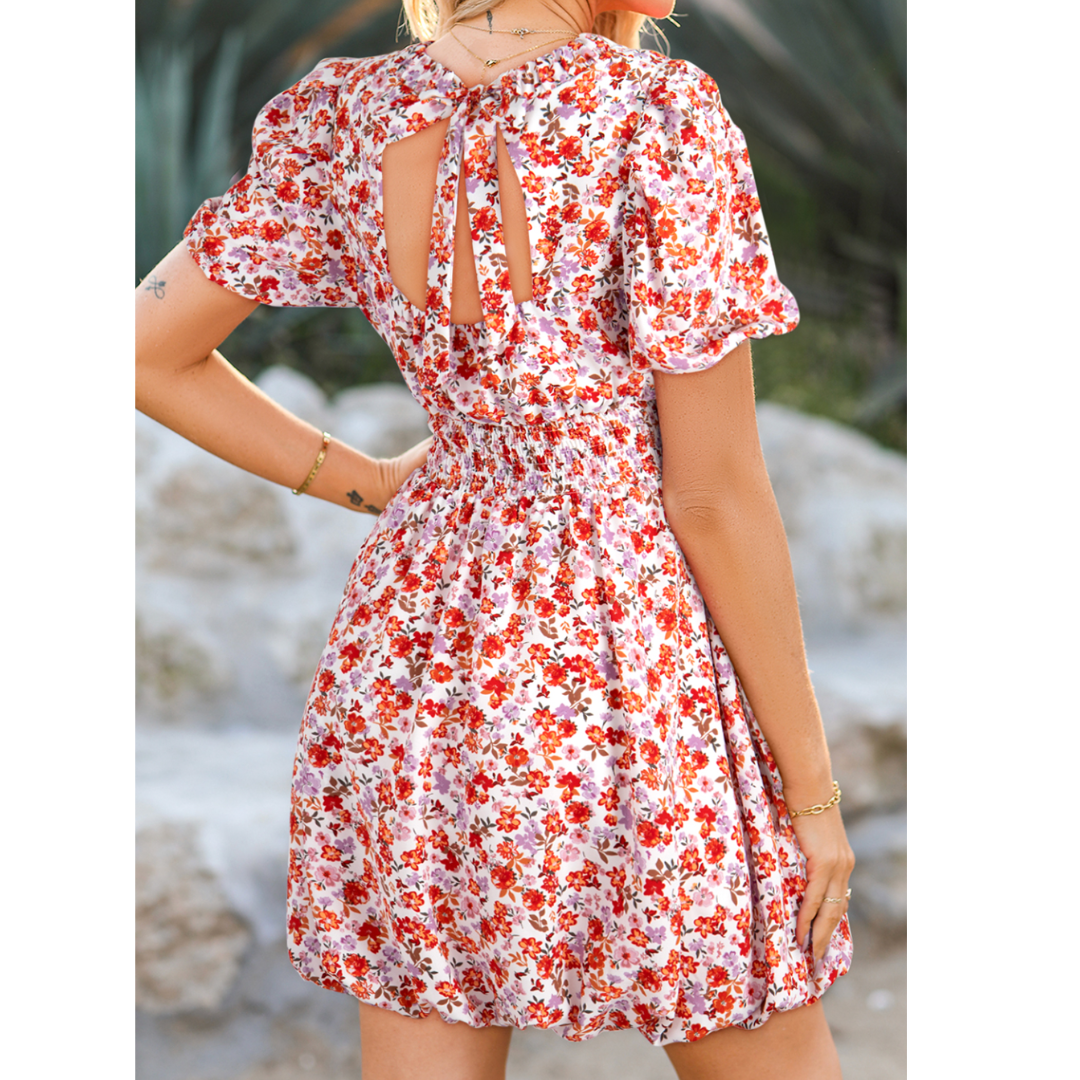 Blossoms in the Breeze, Smocked Puff Sleeve Mini Dress