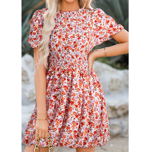 Blossoms in the Breeze, Smocked Puff Sleeve Mini Dress