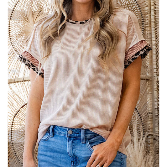 Quick Decision, Short Sleeve Top With Leopard Trim