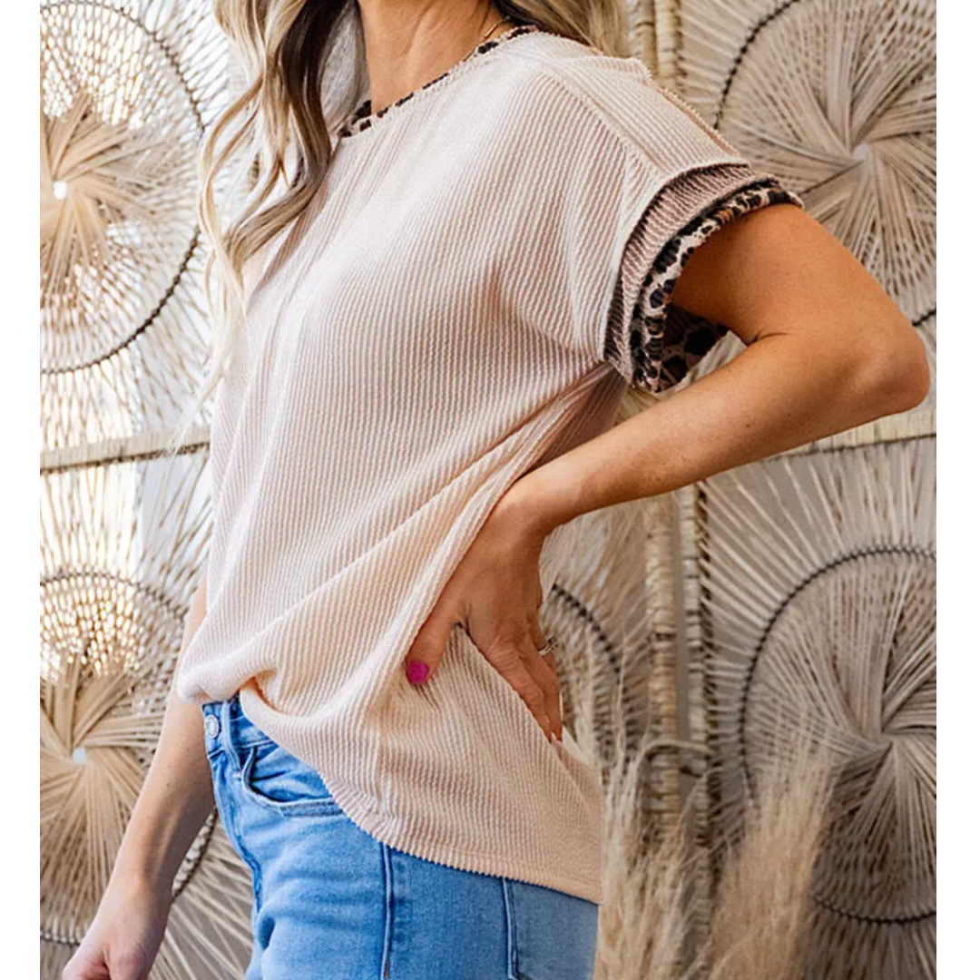 Quick Decision, Short Sleeve Top With Leopard Trim