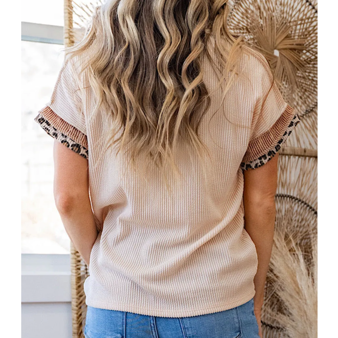 Quick Decision, Short Sleeve Top With Leopard Trim