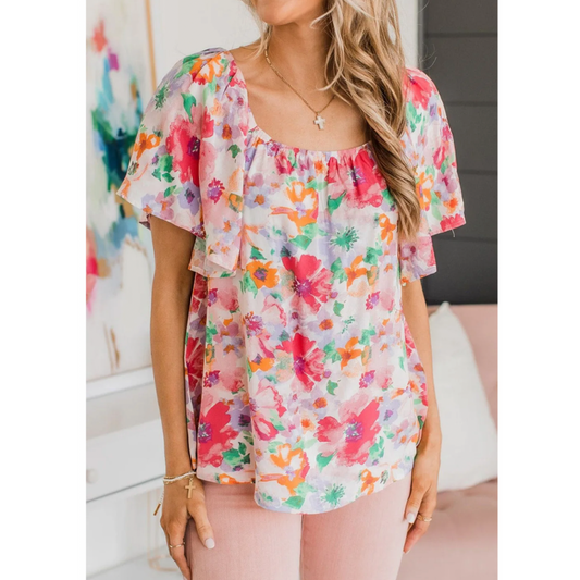 Burst of Color, Short Puff Sleeve Floral Oversize Tunic