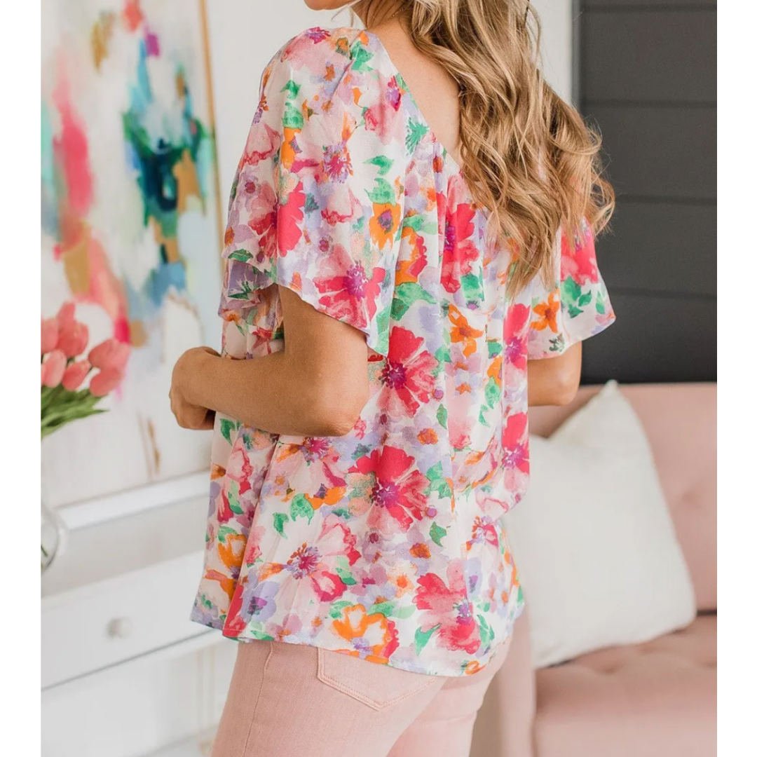Burst of Color, Short Puff Sleeve Floral Oversize Tunic