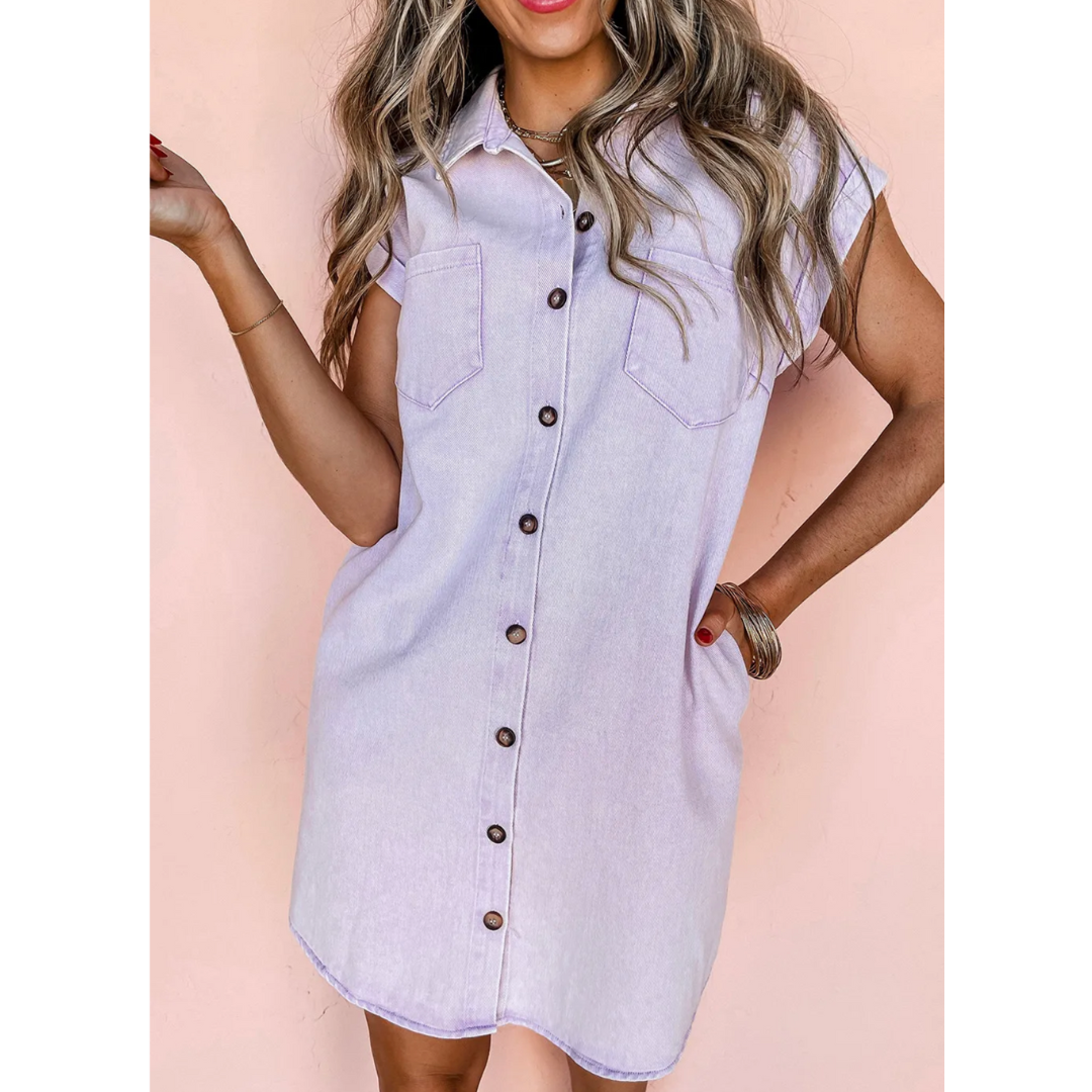 Lavender Short Sleeve Button Down Denim Shirt Dress Lavender / XL / 100%Cotton Lavender Short Sleeve Button Down Denim Shirt Dress Lavender / XL / 100%Cotton