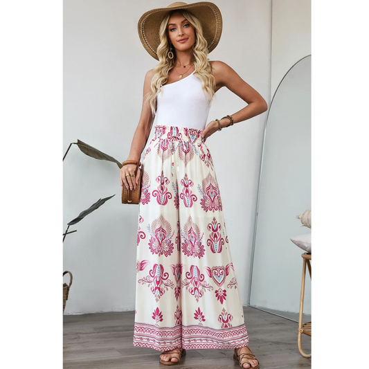 Something To See, Boho Printed Shirred High Waist Flowy Wide Leg Pants