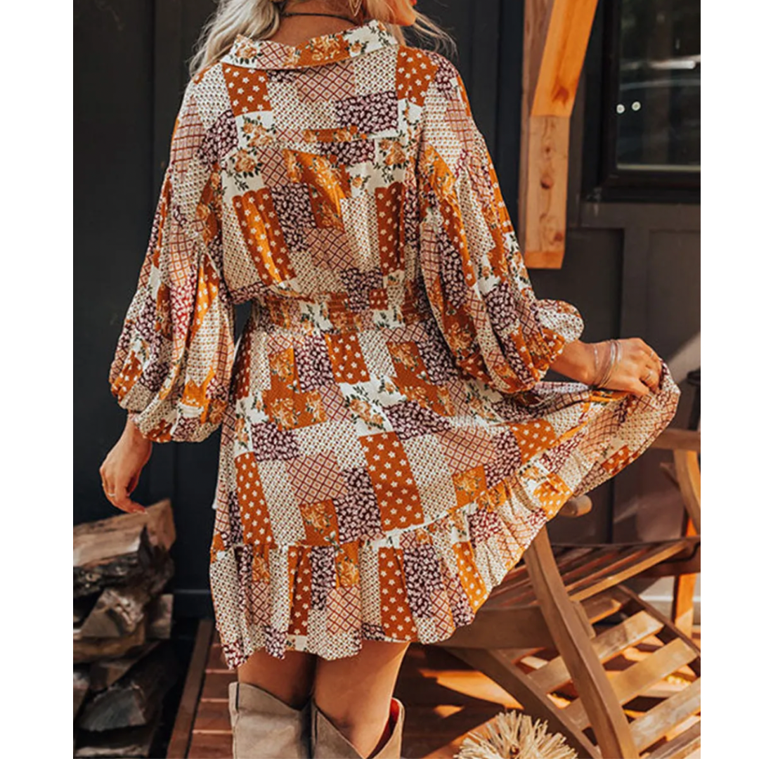 What The Heart Wants, Long Sleeve Mix Pattern Fall Dress