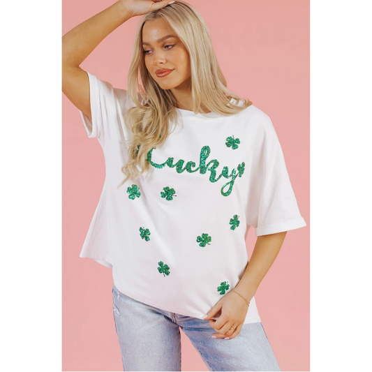 Lucky Road Ahead, Short Sleeve Sequin Oversize Tee