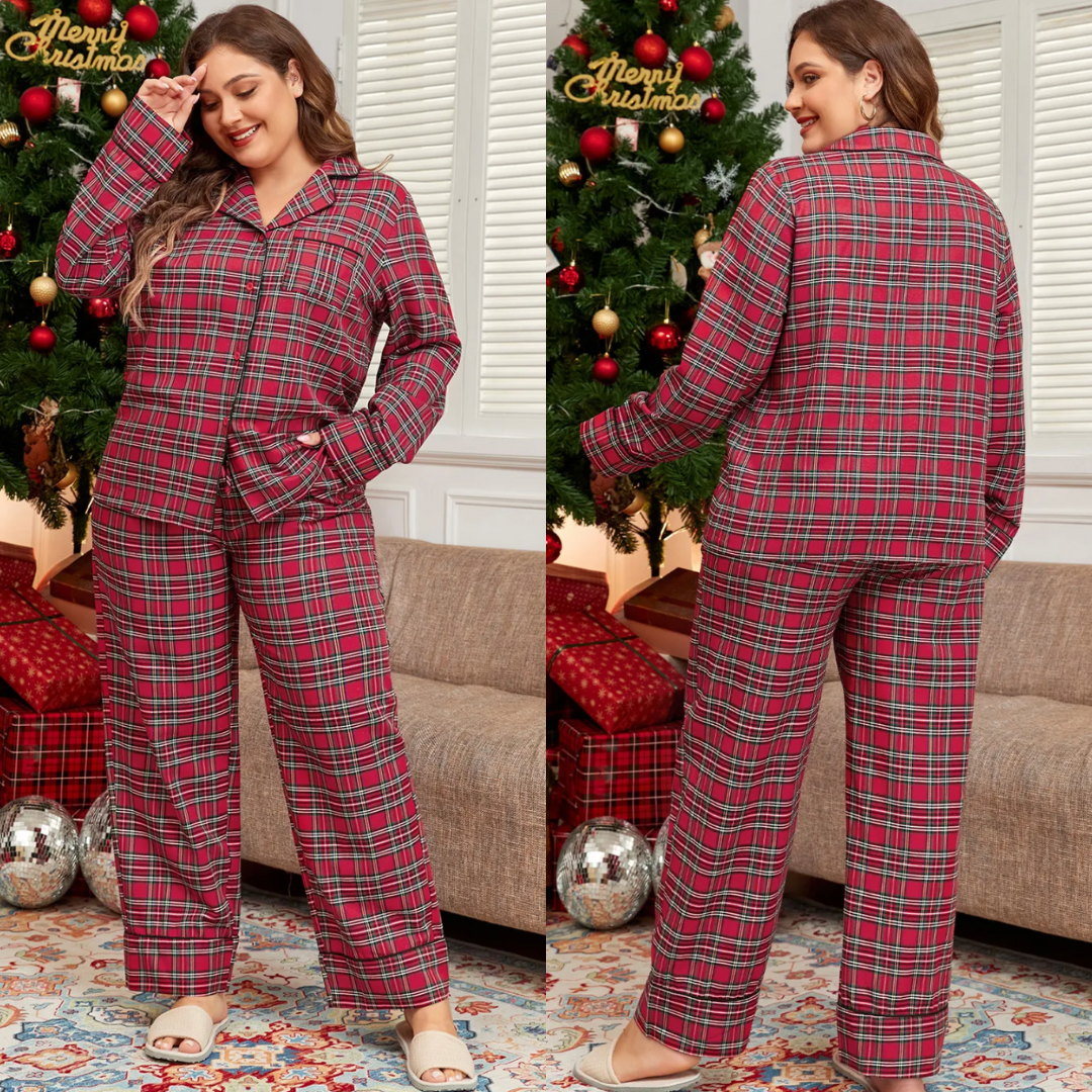 All Weekend Long, Plaid Long Sleeve Lounge Set (1X-4X)