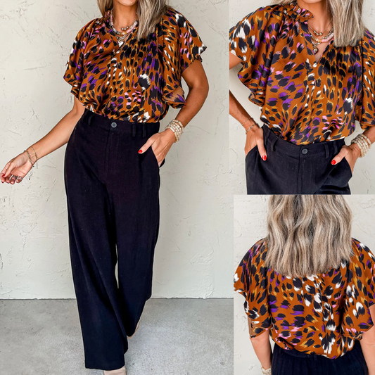 Hold Up Frisky, Ruffle Sleeve Leopard Colorblock Blouse