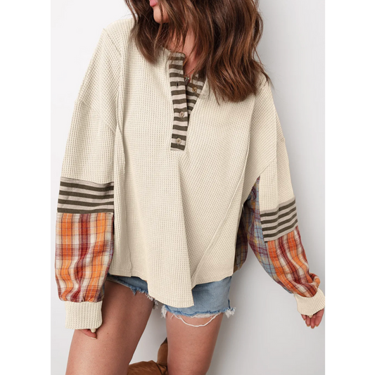 Fall For Fun, Mixed Media Thermal & Plaid Henley Top