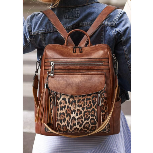 Traveling Companion, Brown Leather and Leopard Backpack or Shoulder Bag