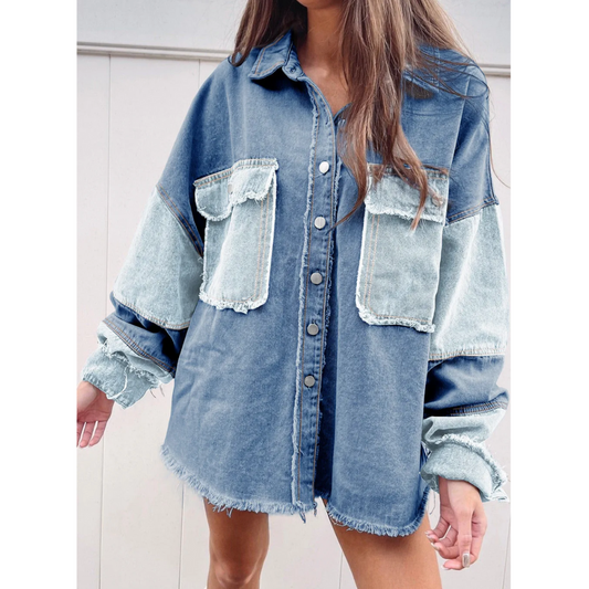 Climbing The Ladder, Long Sleeve Fray Colorblock Denim Jacket