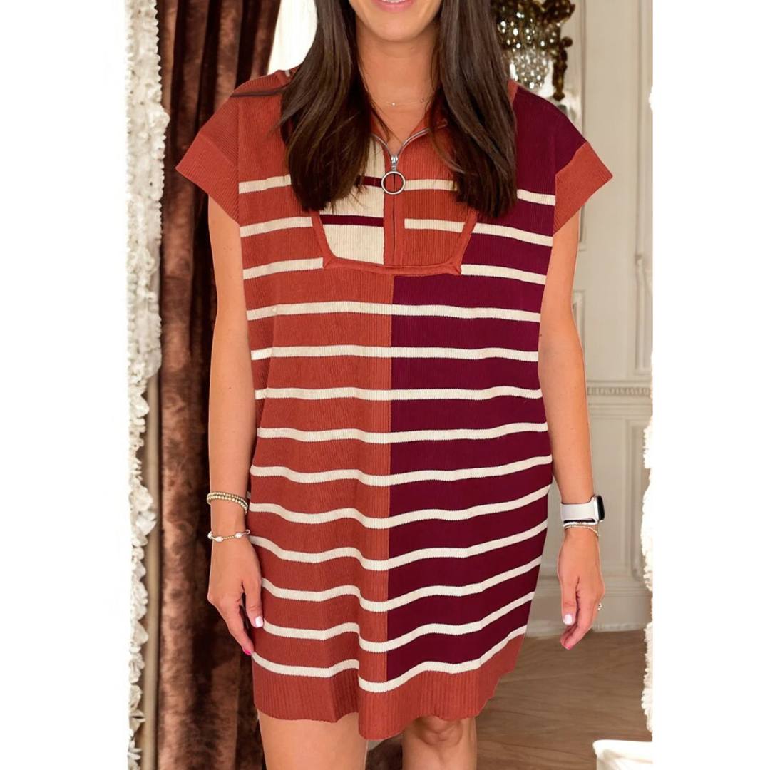 Listen Up Girl, Short Sleeve V Neck Stripe Sweater Dress