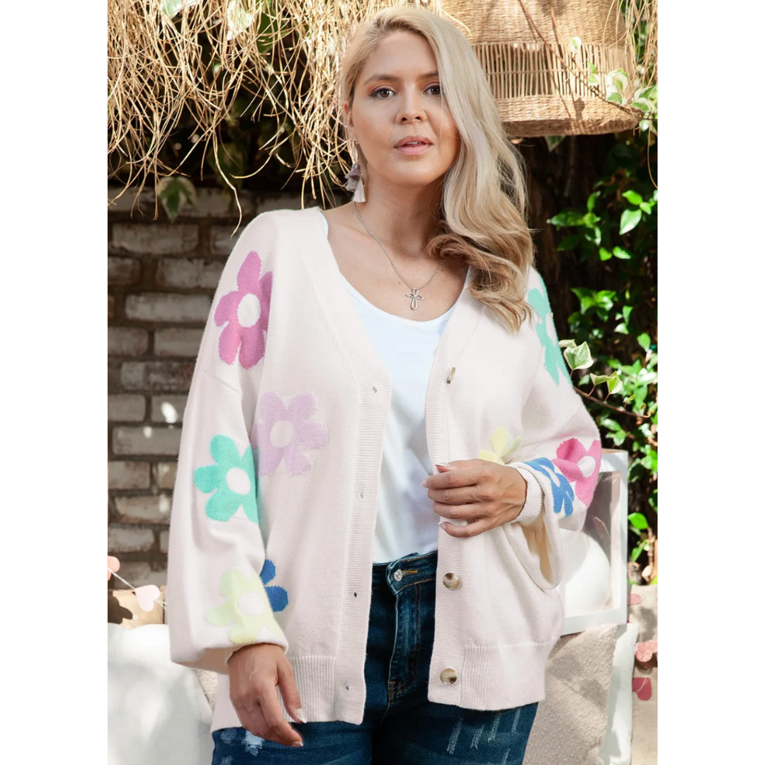 Before You Know It, Long Sleeve Button Down Floral Cardigan (1X-3X)