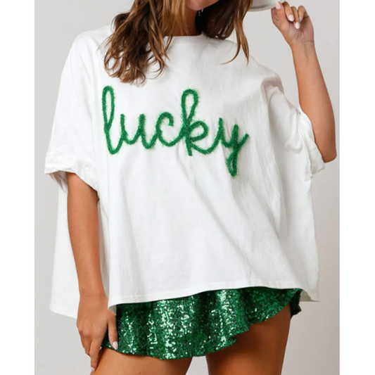 Lucky Lucky, Short Sleeve Embroidered Tinsel Top