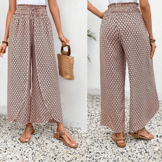 We Wanna Know, Bohemian Print Slit Wide Leg Smocked High Waist Pants