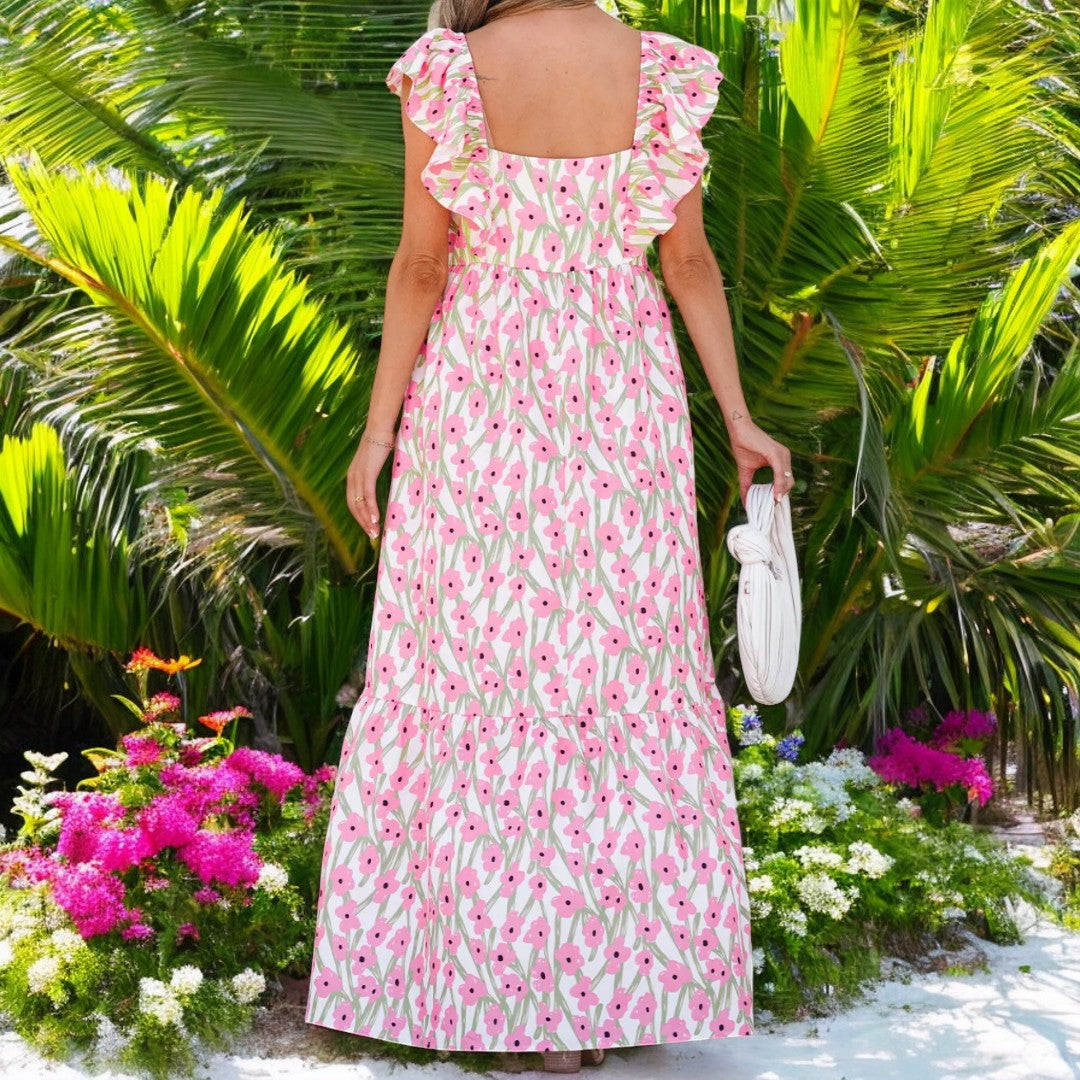 Tropical Oasis, Short Ruffle Sleeve Floral Maxi Dress