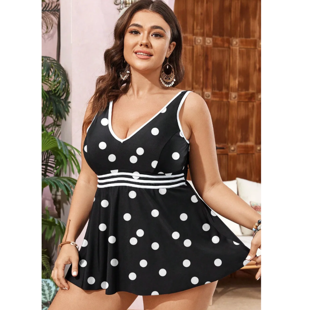 Beach Bound, Polka Dot V Neck Plus Size Swim Dress