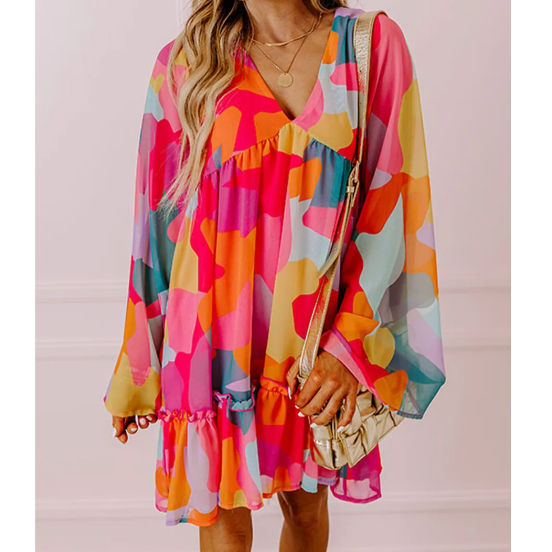 I Told You So, Long Sleeve V Neck Abstract Babydoll Dress