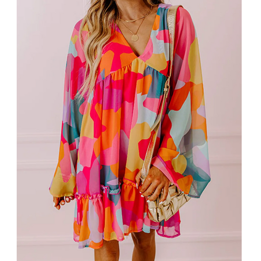 I Told You So, Long Sleeve V Neck Abstract Babydoll Dress