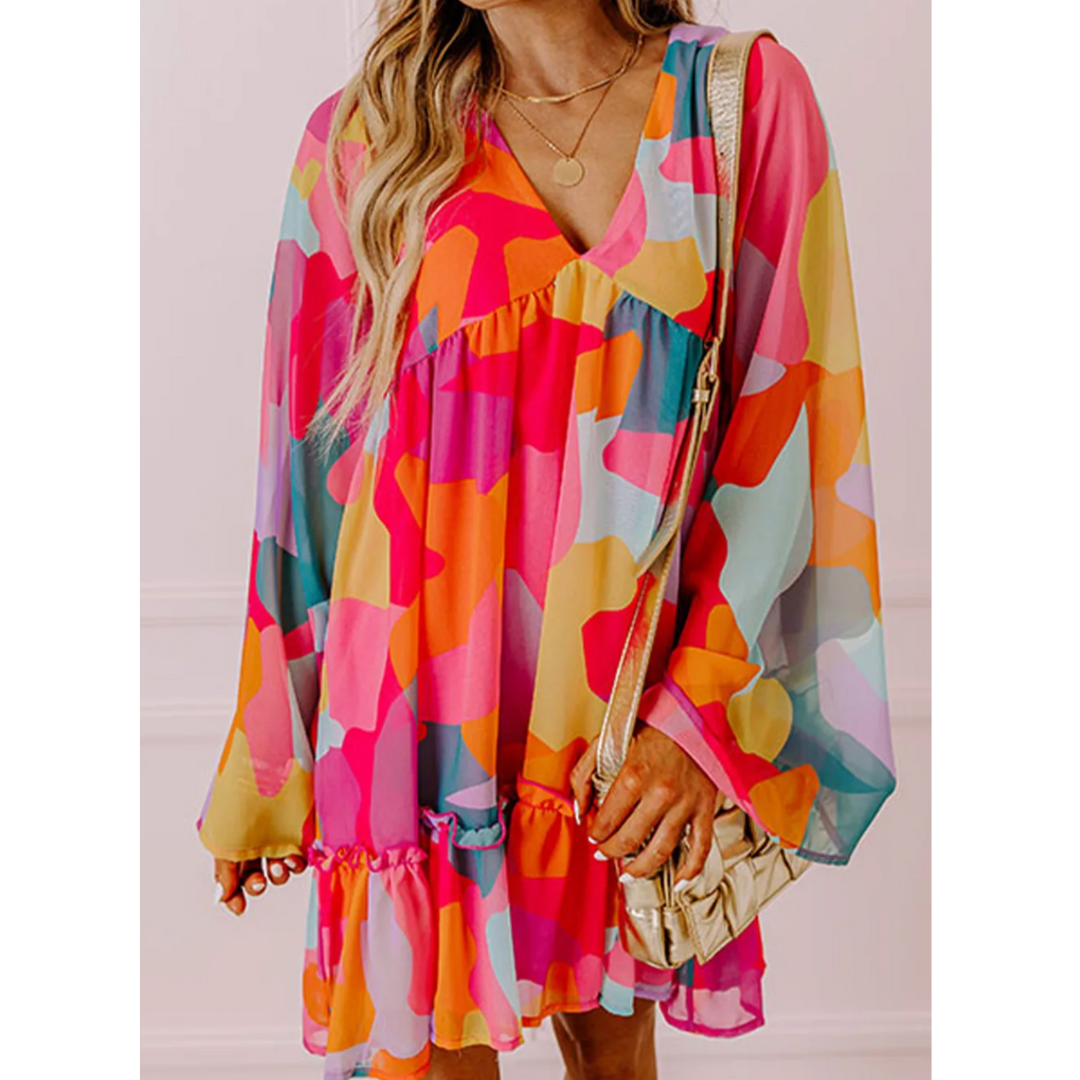 I Told You So, Long Sleeve V Neck Abstract Babydoll Dress