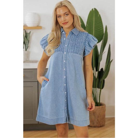 Take Your Chance, Short Ruffle Sleeve Denim Dress with Pockets