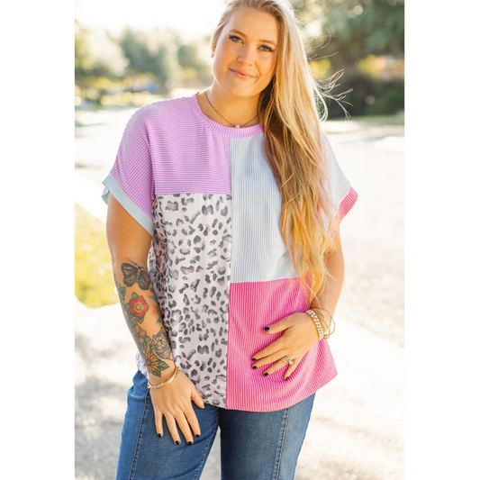 Bring It On, Short Sleeve Leopard Colorblock Corded Top (1X-4X)