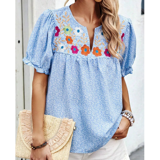 Meet You There, Short Sleeve Floral Embroidered Top