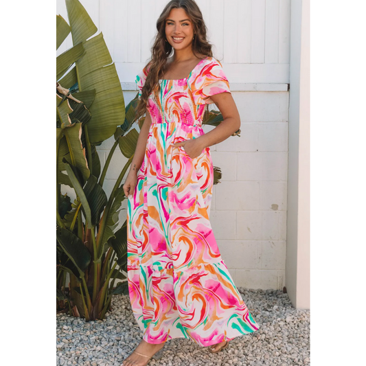 A Penny For Your Thoughts, Short Ruffle Sleeve Abstract Print Maxi Dress With Pockets