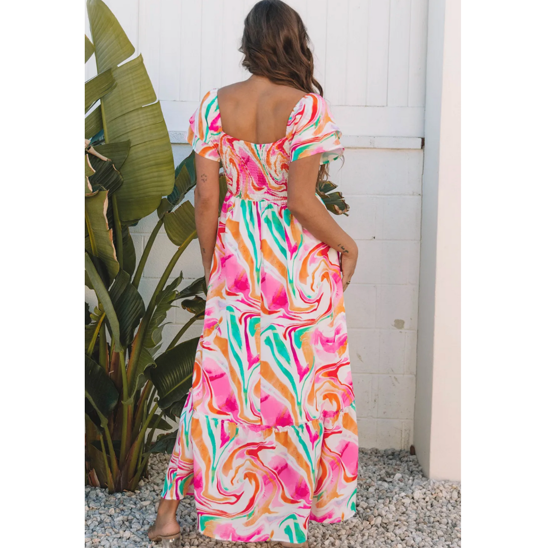 A Penny For Your Thoughts, Short Ruffle Sleeve Abstract Print Maxi Dress With Pockets