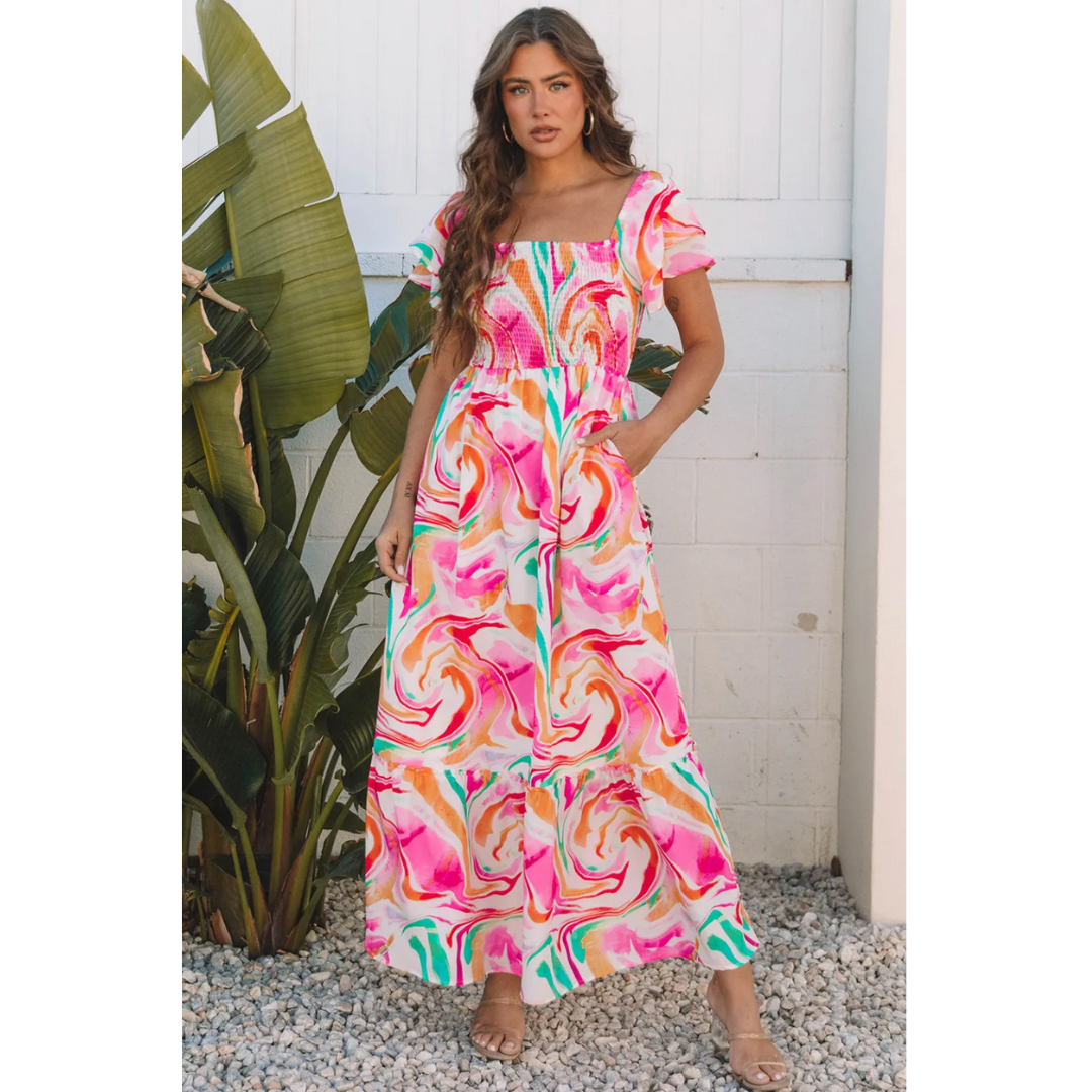 A Penny For Your Thoughts, Short Ruffle Sleeve Abstract Print Maxi Dress With Pockets