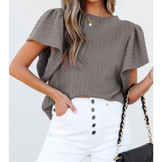 Crowd Pleaser, Short Flutter Sleeve Textured Top