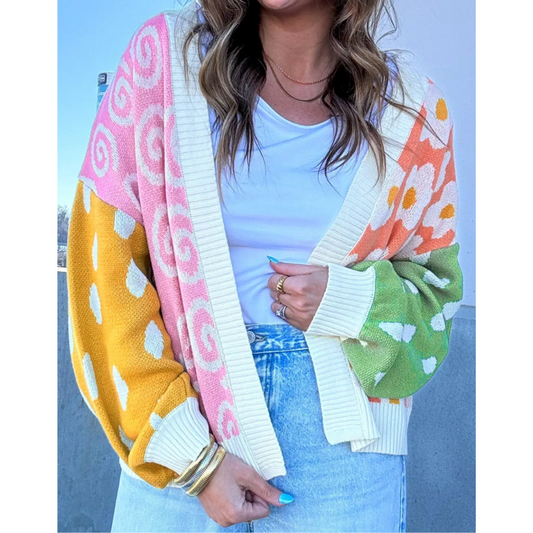 Gather Around, Long Sleeve Colorful Colorblock Cardigan