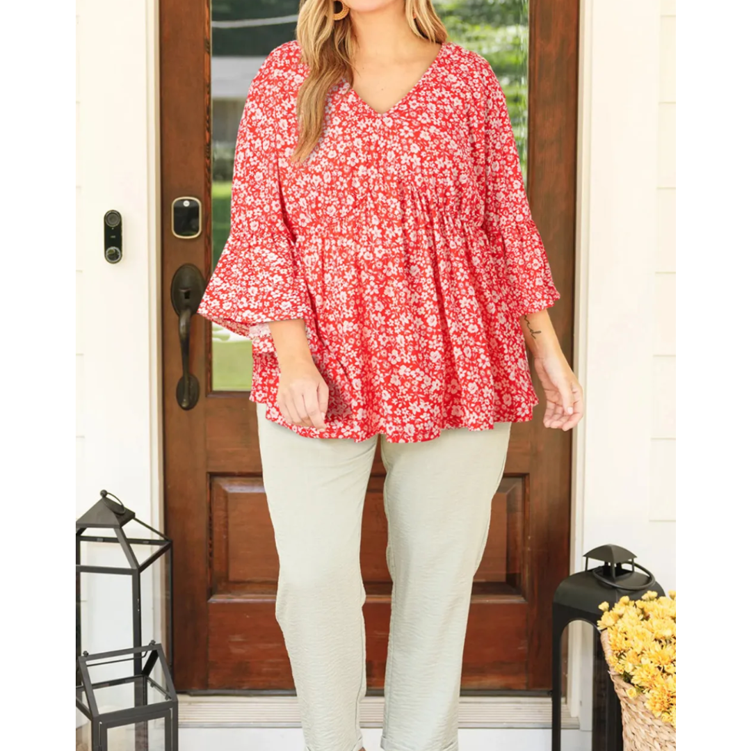 Call Me Later, Long Sleeve V Neck Floral Tunic (1X-4X)