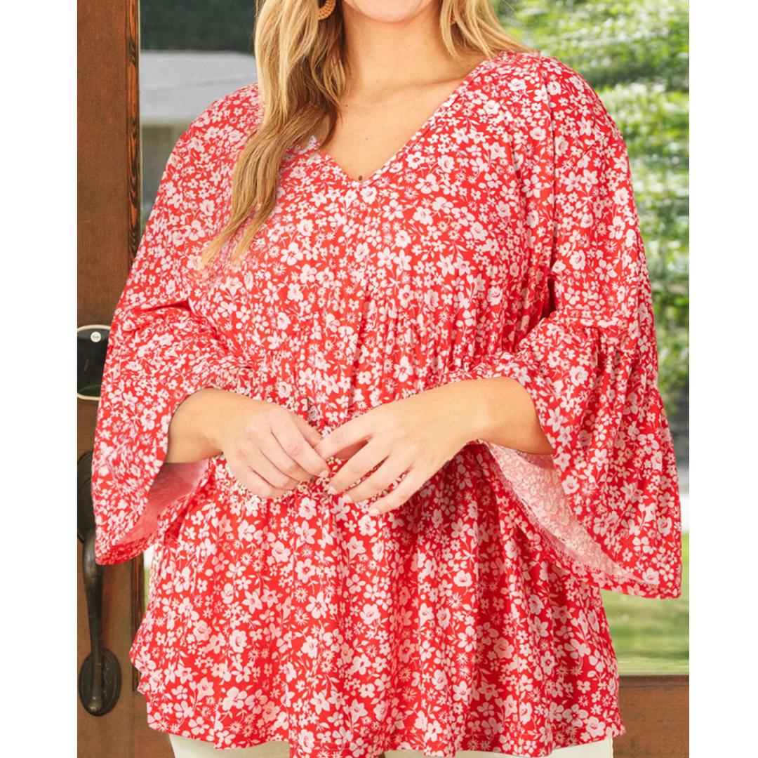 Call Me Later, Long Sleeve V Neck Floral Tunic (1X-4X)